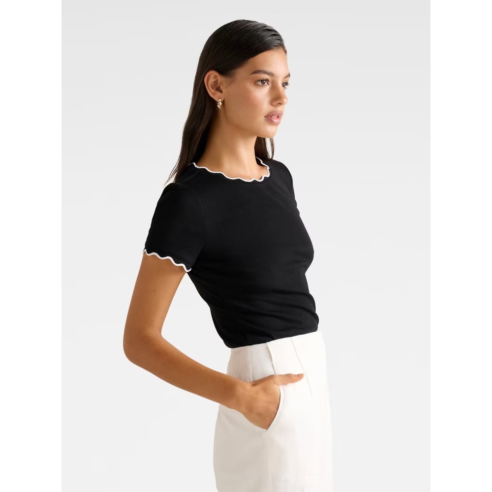 Two Twenty‎ Five Black Ribbed Knit Scallop Trim Short Sleeve Top XL